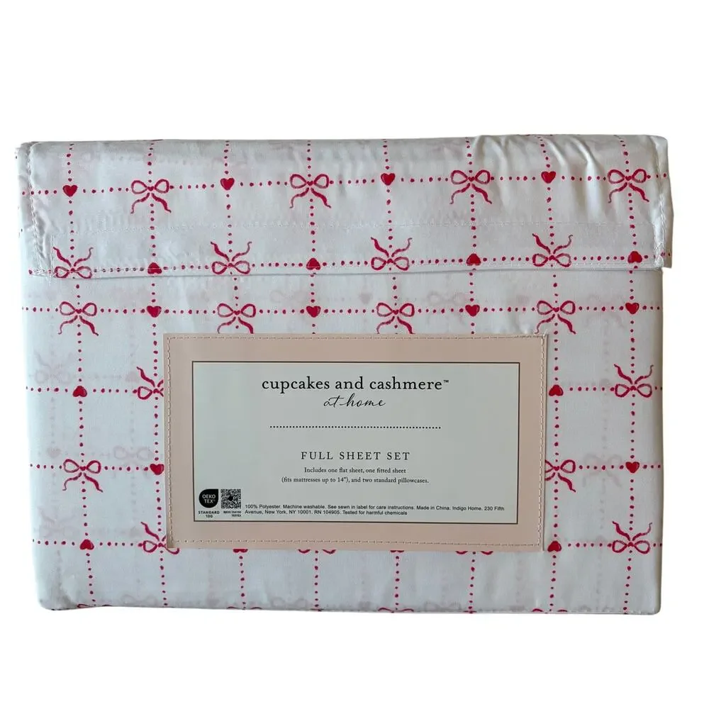 Cupcakes & Cashmere Checkered Bow FULL Sheet Set Chic Pink & White Bedding NEW